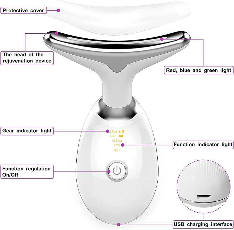 SUPER MASSAGEADOR de rosto e pescoço com 3 leds rejuvenescedores.